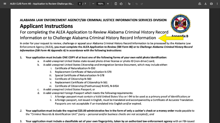 Alabama criminal history record information screenshot with yellow arrow pointing to information on how to get Alabama criminal history check done before having a failed gun background check.