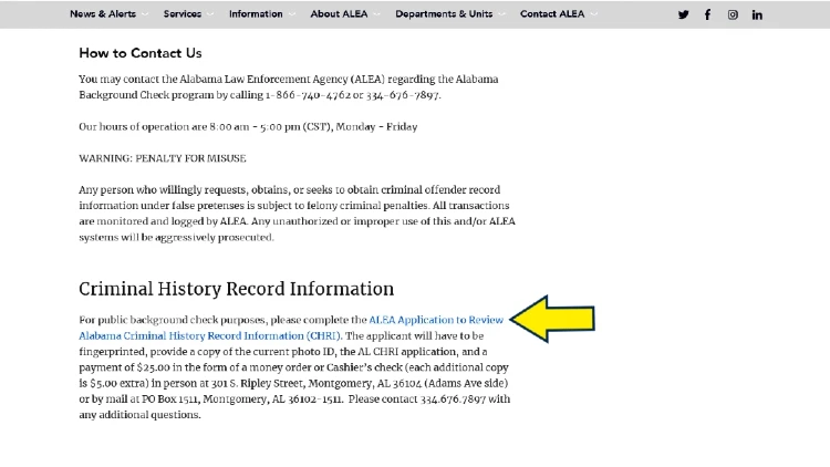 Alabama criminal history record information screenshot with yellow arrow pointing to information on how to get Alabama criminal history check done before having a failed gun background check.