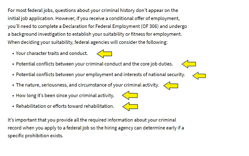 Screenshot of criminal history disqualifiers for federal positions with yellow arrows pointing to bullet points, which are similar to Lowes background check disqualifiers 