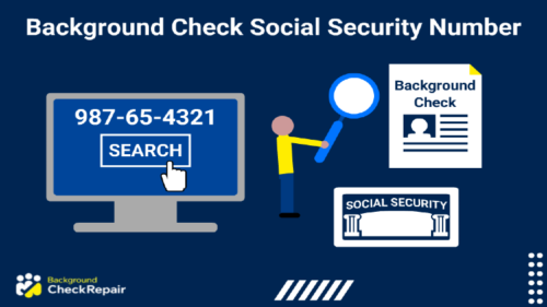 Man in yellow shirt holds up giant magnifying glass toward background check, social security number card (blue) below it, and behind him, a large computer screen shows a social security number and a search button with a pointer to check for SSN verification.