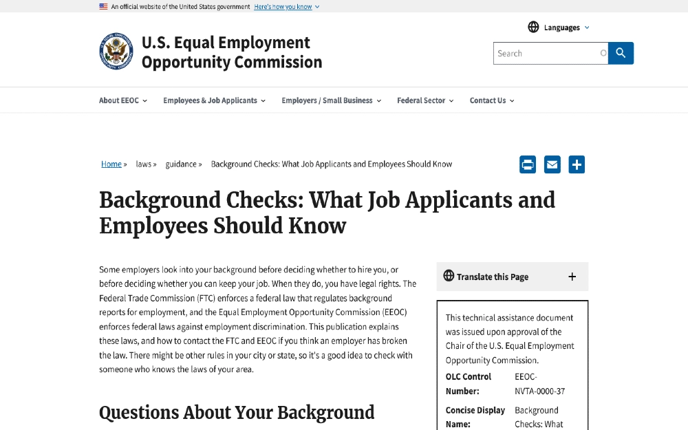 Screenshot of US Equal Employment Opportunity Commission website explaining what job applicants and employees should know about background checks as well as what happens if you fail a background check. 