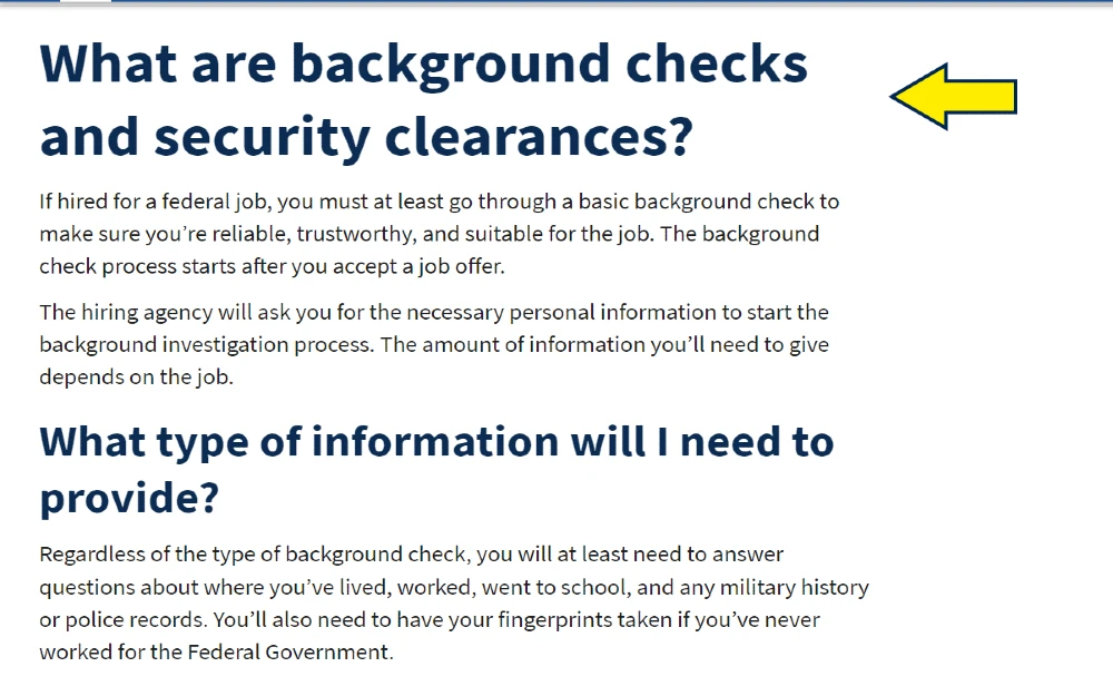 Secrutity clearance background check screenshot with yellow arrow pointing to question about military background investigations and types of information required. 