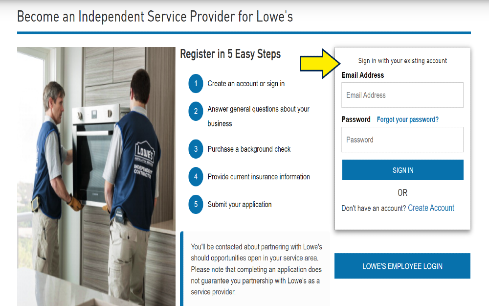 two men install a stove wearing lowes vests on a lowes independant service provide login page with a yellow arrow pointing to the signin area. 
