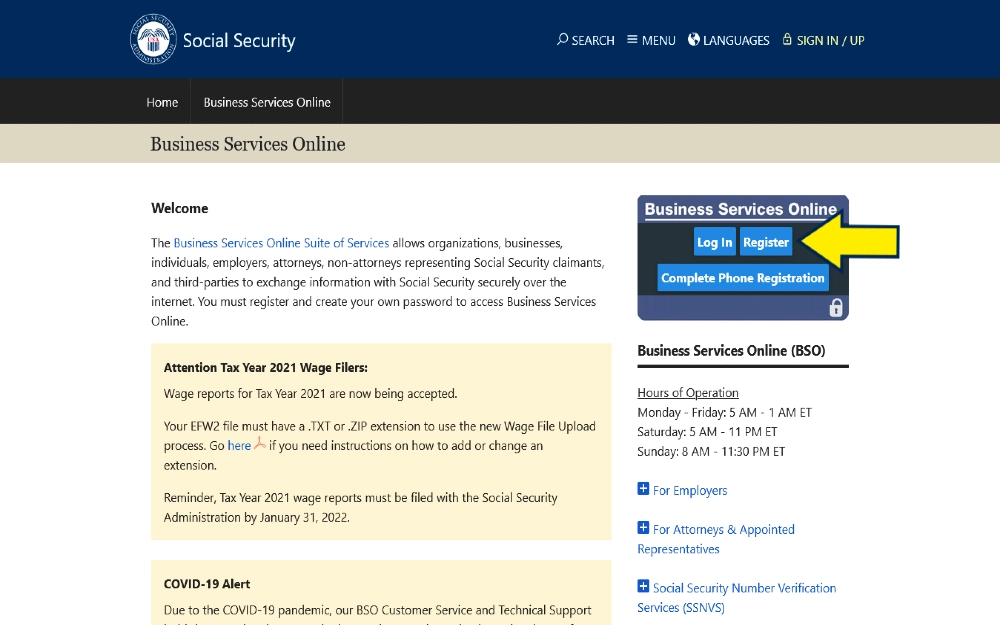 Social security administration website screenshot with yellow arrow pointing to the register button that allows employers to perform social security number background checks and verification. 