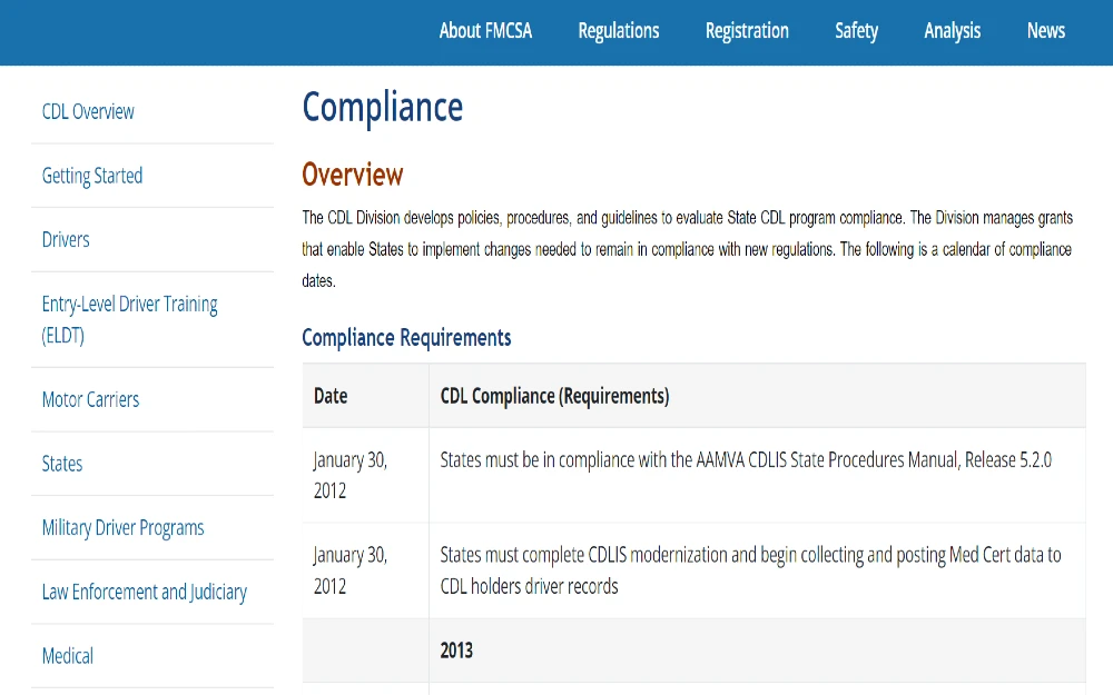 FMCA screenshot showing complaince requirements for CDL drivers and motor carriers. 