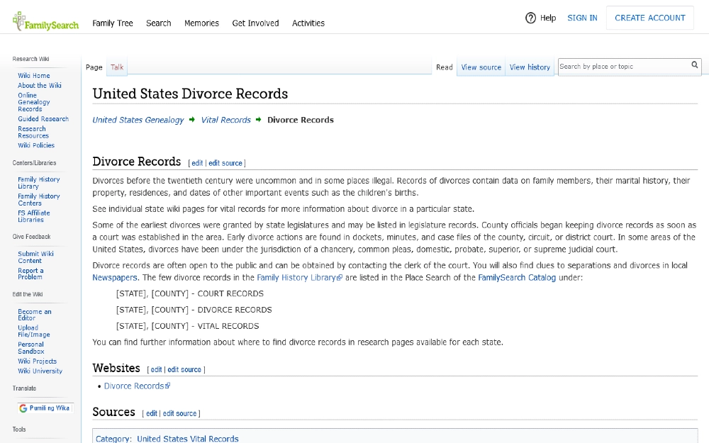 Screenshot of Family Search United State Divorce Records which provides divorce date lookup with a subscription. 
