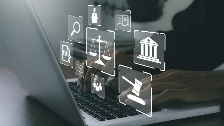 Person using a laptop with icons depicting legal concepts such as a magnifying glass, scales of justice, a gavel, books, a courthouse, individuals, and an efficient court database overlayed.