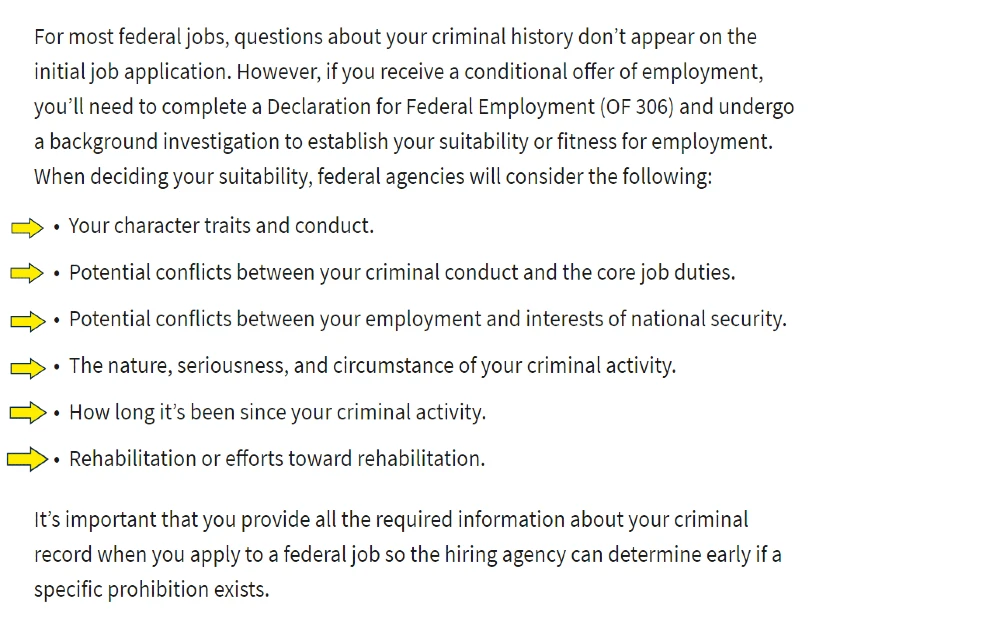 Federal Job List screenshot with yellow arrows pointing to bullet list items that outline what is required for a government job, which uses a fedeal background check, and explaining how far back do federal background checks go. 