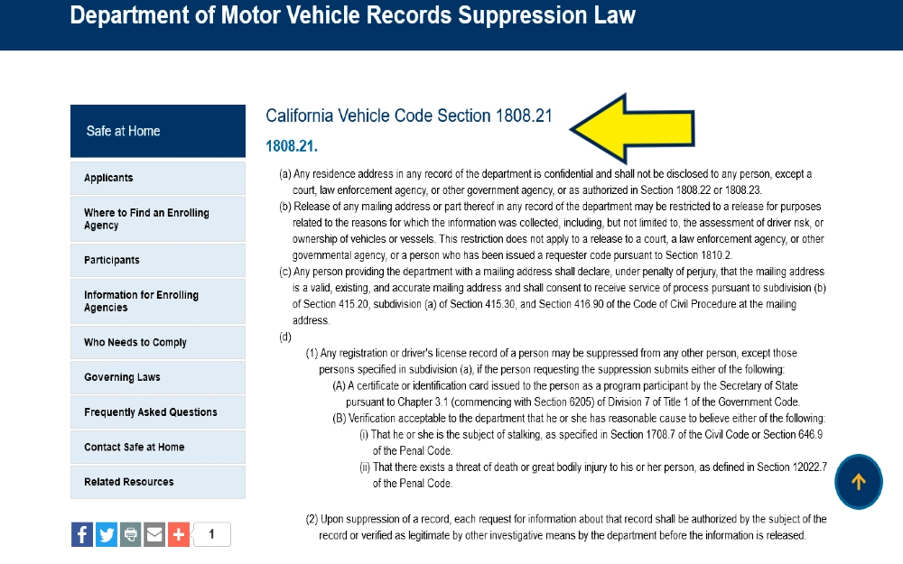 Screenshot of California department of motor vehicles records supression law with arrow pointing to cehicle code section 1808.21. 