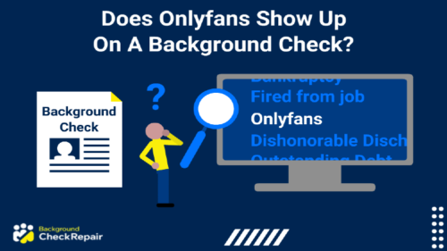 Man scratching his chin with a question mark above his head and a magnifying glass illuminating a computer screen on the right with the word onlyfans highlighted and a background check document on the left with lines instead of information that might have the answer to the question of does OnlyFans show up on a background check