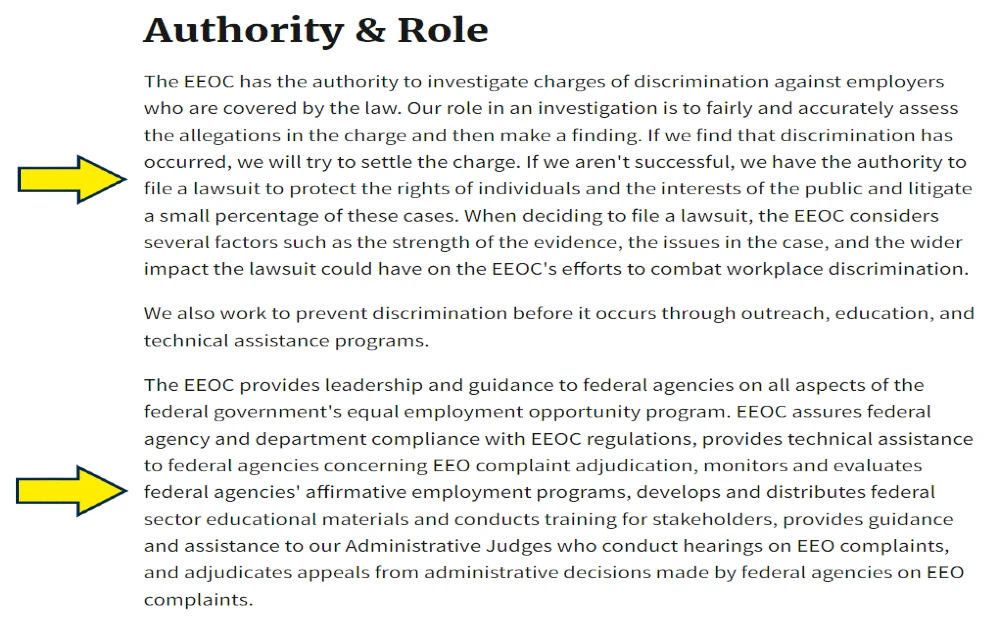 EEOC website screenshot of authority and role definitions with yellow arrows pointing to the roles and authorities allowed by the Equal Employment opportunity commission. 