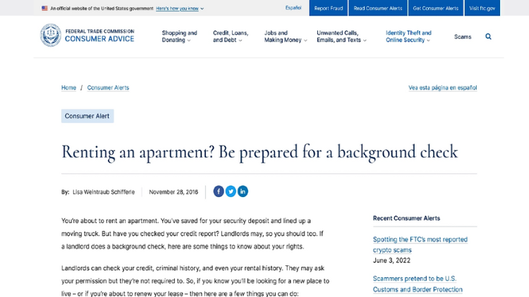 Federal Trade Commission consumer alerts page screenshot dealing with tenant background checks for rental units and explaining that rental background check services can scan parts of the criminal and personal record. 