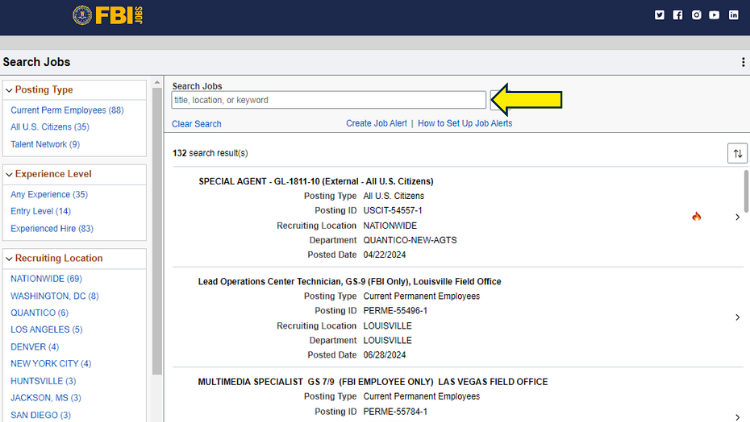 FBI jobs screenshot with yellow arrow pointing to search jobs field.