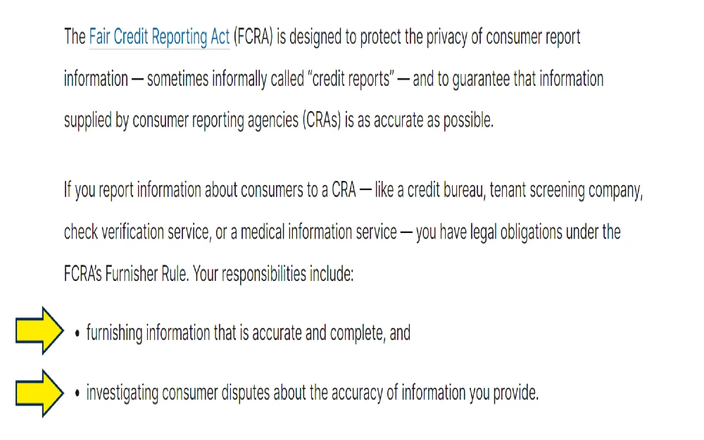 Fair credit reporting act website screenshot outlining what do you need for a background check, with yellow arrows pointing to information that is accurate and investigating any disputes. 
