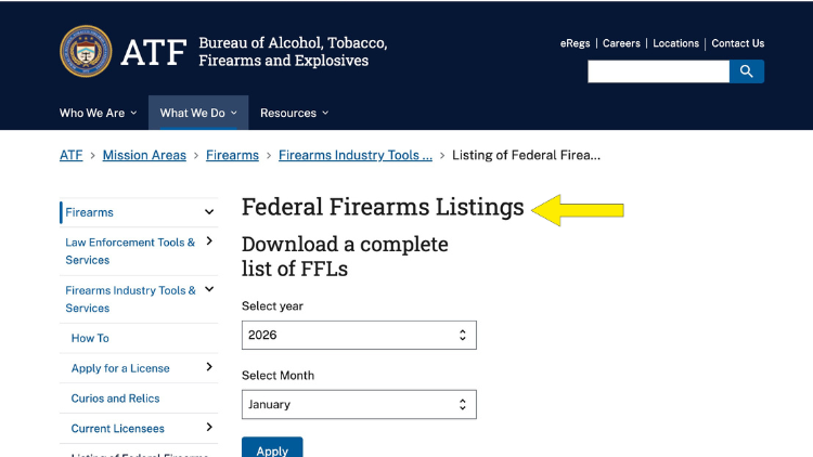ATF Screenshot showing the federal firearms listings search feature and how to download licensed firearm dealers lists and links to show who pays for gun background checks.