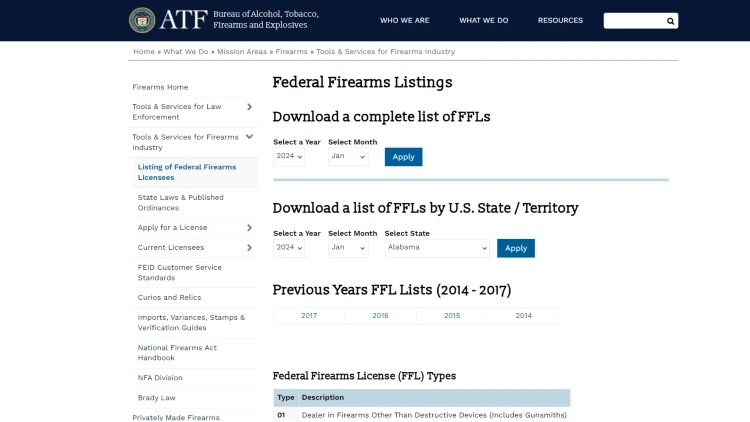 ATF Screenshot showing the federal firearms listings search feature and how to download licensed firearm dealers lists and links to show who pays for gun background checks.