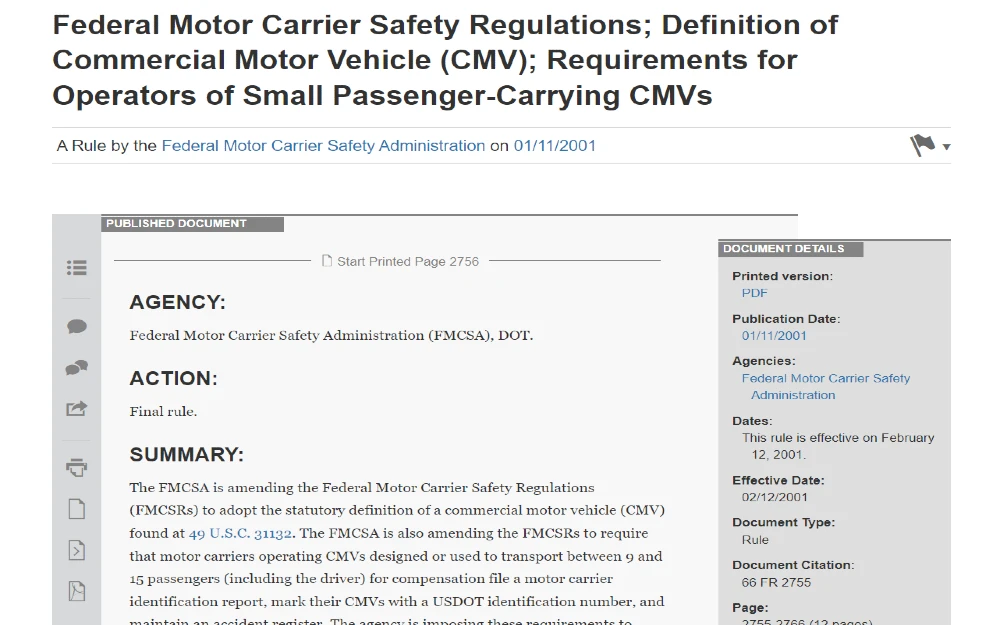 Federal motor carrier safety regulstions screenshot for drivers of small passenger commerical motor vehicles, which includes a summary of what would be needed to meet fedex express background check requirements. 