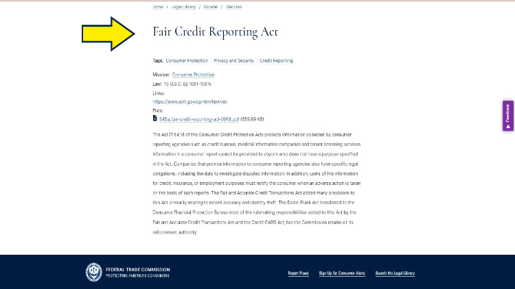 FCRA website screenshot with yellow arrow pointing to Fair Credit reporting Act with its definition. 