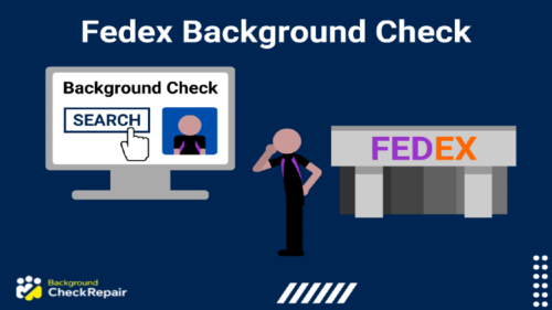 Man in FedEx uniform looking at a FedEx background check screen on a computer screen on the left, with his hand on his chin wondering does fedex hire felons and employ them in the FedEx building behind him on the right.
