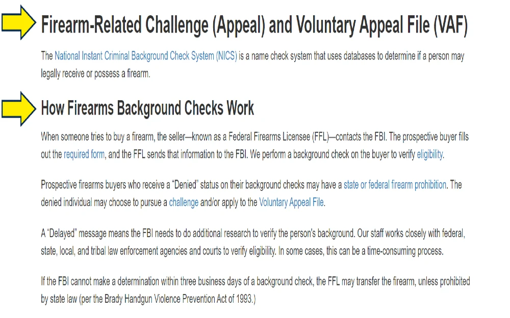 Firearm related appeals and how firearm background checks work screenshot explaining the National Instant criminal background check system as part of a federal background check. 