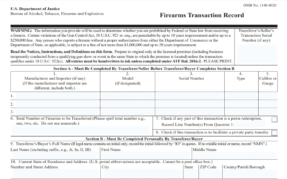 US Dept of Justice Firearms Transaction Record Form screenshot used for gun transfers for information entered into the NICS system. 
