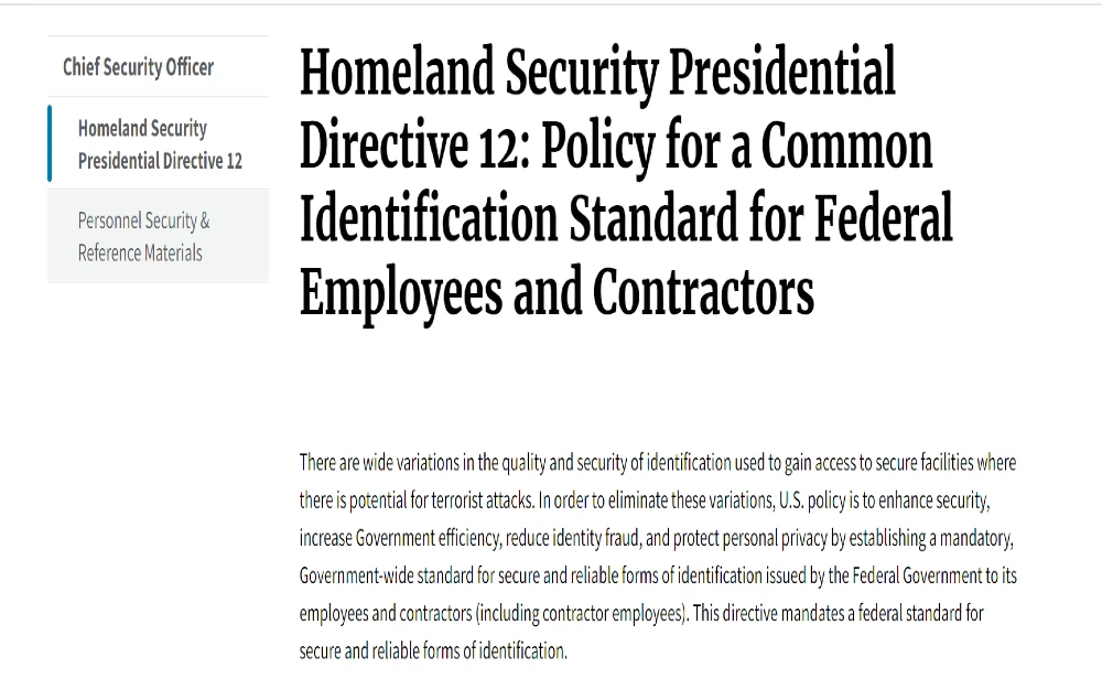 Screenshot of DHS presidential directive concerning identification for federal employees and contractors which includes a military base visitor pass background check
