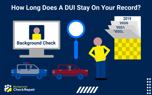 Online background check report on a computer screen in the upper left corner, magnifying glass in the middle and below both a police cruiser behind a red car issuing a DUI arrest while a man in a yellow shirt standing next to the magnifying glass with his hands on his hips considers a calendar on his right showing how long does a DUI stay on your record.