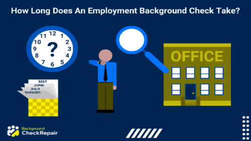 How long does an employment background check take a man wearing a blue shirt and black tie wonders while looking at his watch and a calendar flips on the left, on the right an office structure looms as he thinks how long does an employer background check take to complete a level 2 pre employment background check being completed by a large blue magnifying glass floating above him.