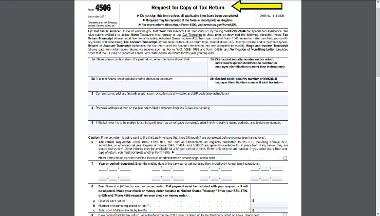 Screenshot of IRS Form 4506 request copy of tax return that can be used for showing income on a tenant background check. 