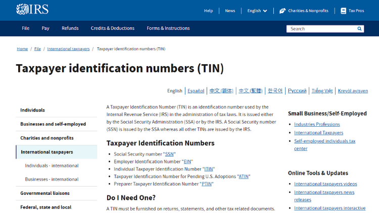 IRS website screenshot explaining tax identification numbers and how they must be connected to a valid social security number. 