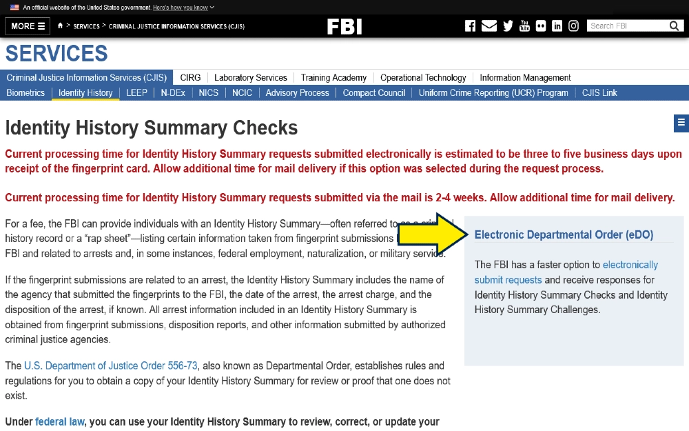 FBI services page screenshot with yellow arrow pointing to the electronic departmental order feature that allows users to submit requests digitally. 