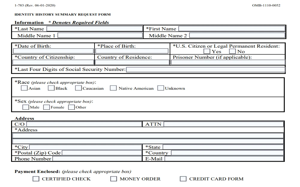 Screenshot of the Identity History Summary Request Form used to run a federal background check on yourself. 