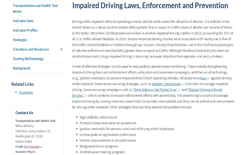 US Government website screenshot of impaired driving laws, enforcement and prevention outlining Blood Alcohol levels that indicate a DUI. 