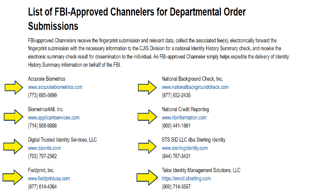 FBI Website screenshot list of approved channelers with yellow arrows pointing to the channelers that are approved to collect background hceck information and submit it to the Justice Department. 