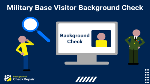 Military base visitor background check searching with a blue magnifying glass above a man who wonders how long a military base visitor background check will take as a military soldier standing to the right waits with hands on hips for background check online to clear on the computer screen in the middle.