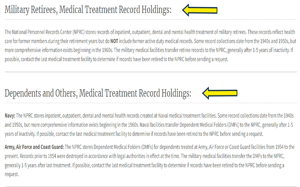 DoD screenshot with yellow arrows pointing to mental health record holdings in a military background check for enlistment and also for dependants. 