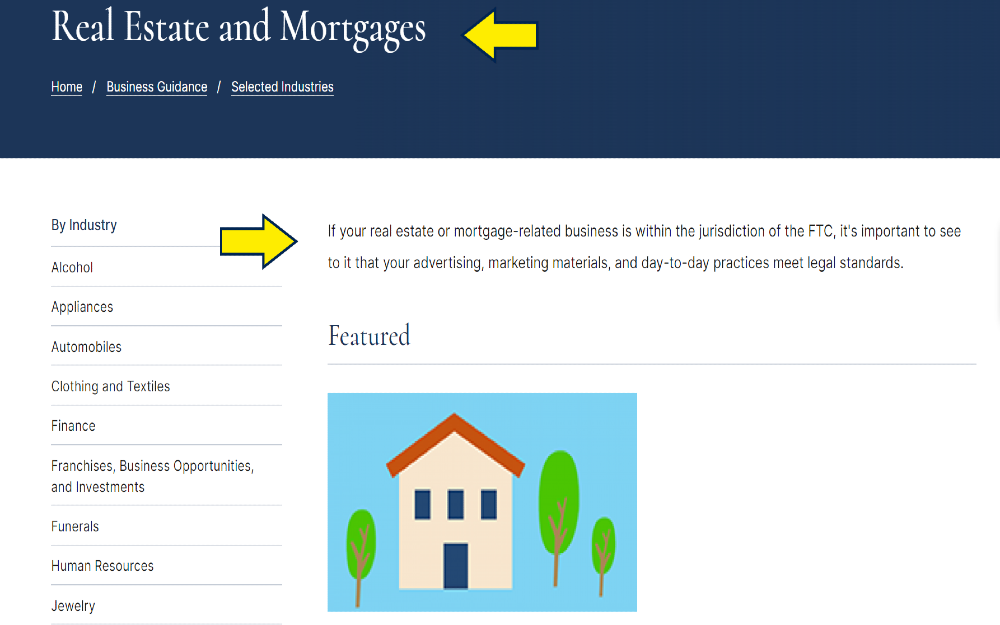 Industry guide screenshot with yellow arrow pointing to heading real estate and mortgages licenses and yellow arrow pointing to buisness requirements for legal standards. 