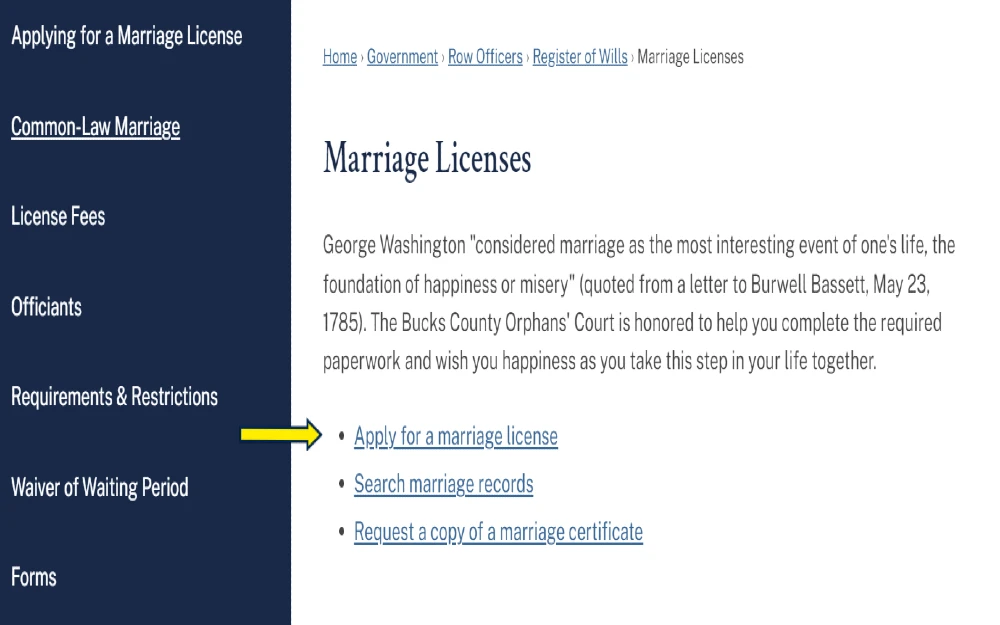 Buck County PA marriage license screenshot with yellow arrow pointing to the apply for a marraige license link with other links, like search marriage records, which is done in a marriage background check. 
