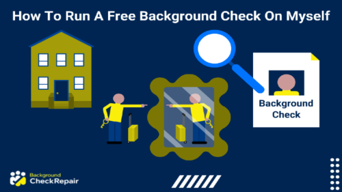 Man wonders how to run a free rental background check on myself while looking in a mirror and pointing to himself, holding keys and an suitcase with a rental background check document on the right and a felon friendly apartment building on the top left in the background.