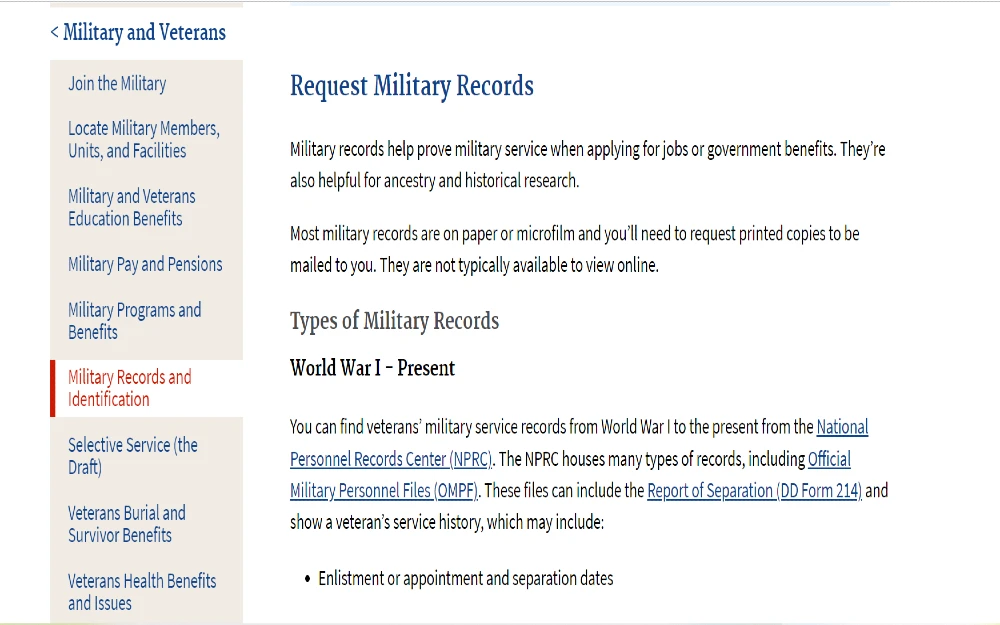 Screenshot of how to request military records for people who wonder will a military conviction show up on a background check? 