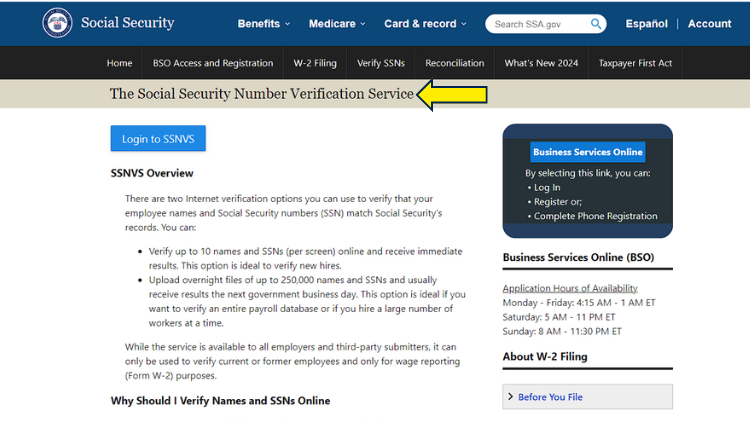 Social Security Social Security Number Verification Service Screenshot showing the overview of the two internet verification options.
