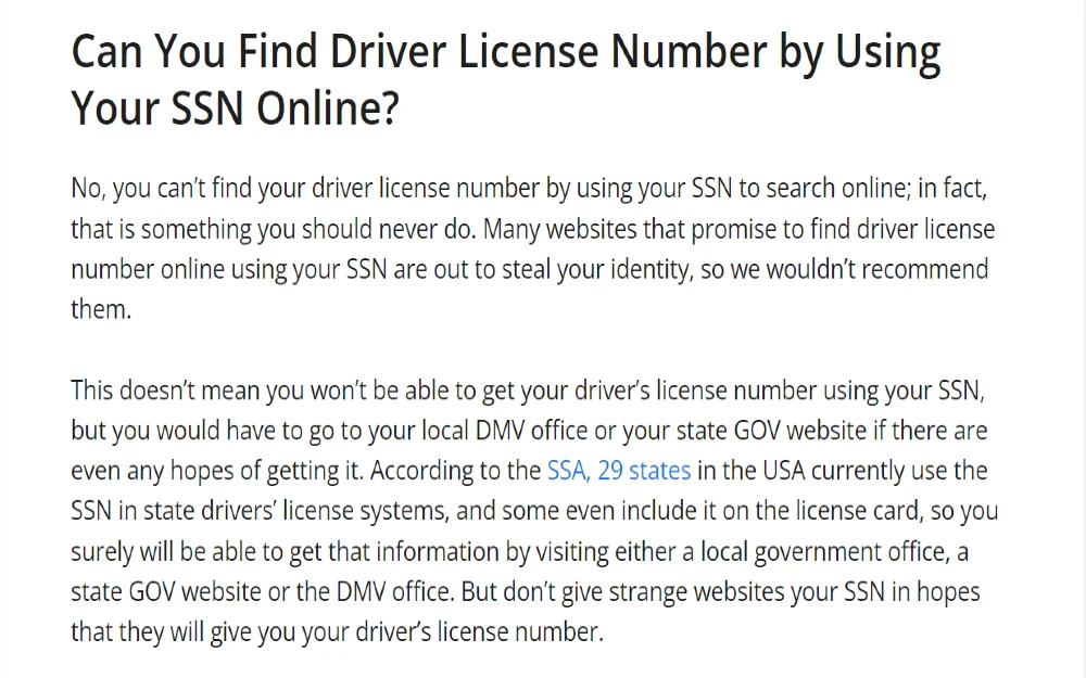 Screenshot of question can you find driver license number by using your SSN online, explaining that no, but that 29 states currently use the SSN in the state's drivers' license system. 