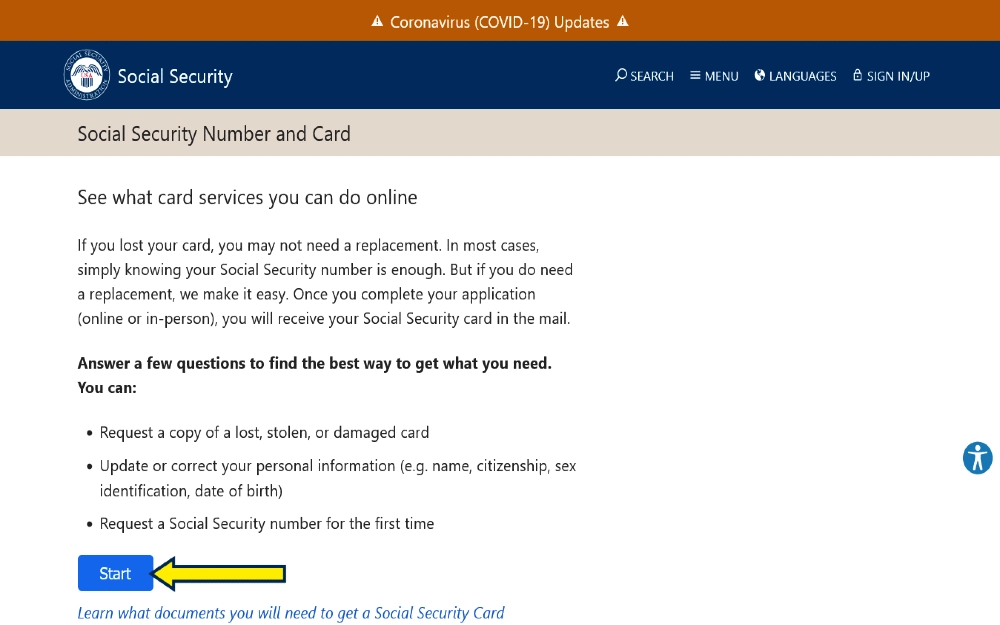 Social security website screenshot explaining social security number and card information and the services that you can do online with a yellow arrow pointing to the start button for doing a social security number background hceck verification. 