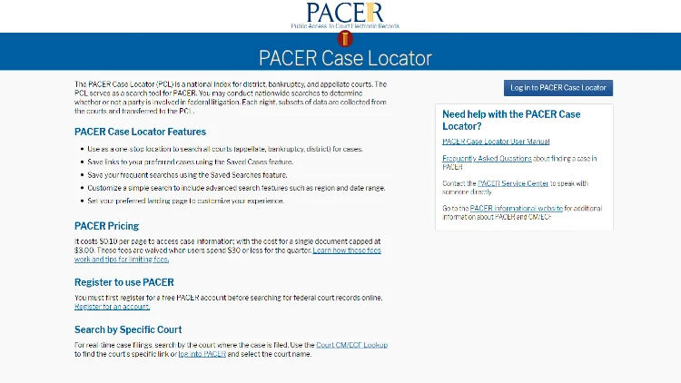 Screenshot of PACER (Public Access to Court Electronic Records) Case Locator tool that allow users to search court records when wondering "how do i find my divorce date online for free." However PACER will charge ten cents per search. 