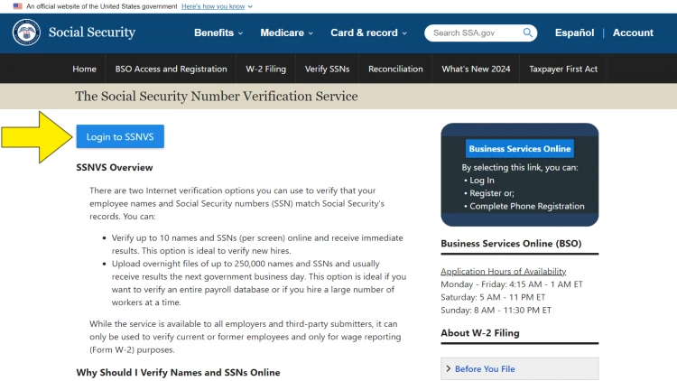 Social Security verification screenshot with arrow pointing to login for SSNVS as one of hte items that answer what do most companies look for in a background check. 