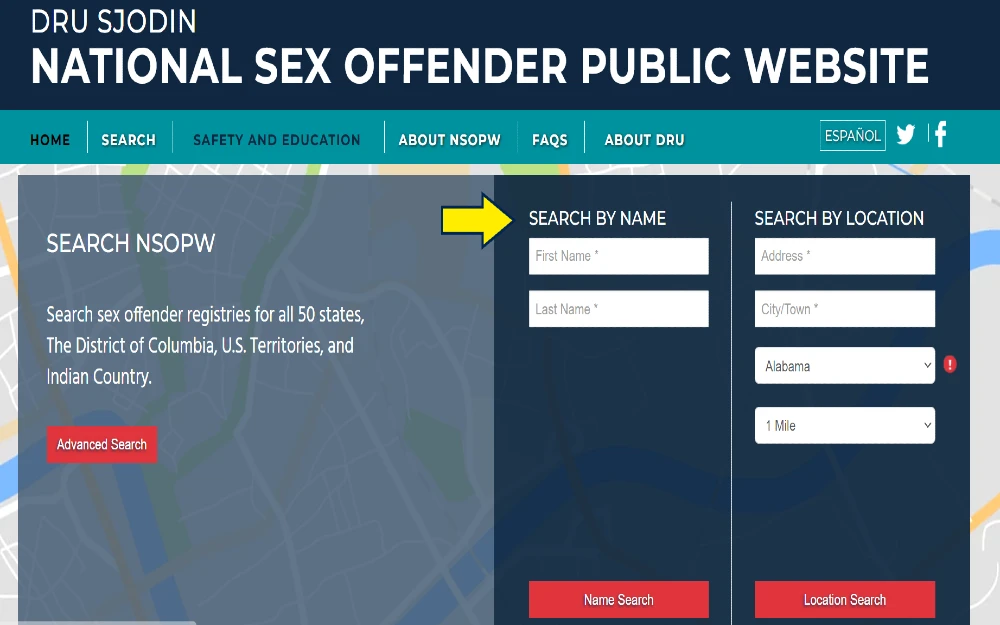 Screenshot of the national sex offenders public website with a yellow arrow pointing to the name search feature which can be used to conduct a free premarital background check on a potential spouse. 