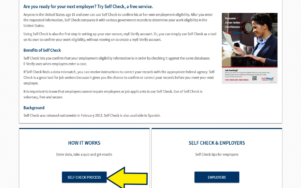 Screenshot of free government Self Check background check with yellow arrow pointing to self check process button. 