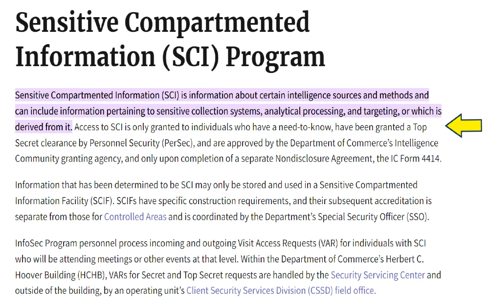 SCI program screenshot with yellow arrow pointing to information about security clearance background checks and intelligence information. 
