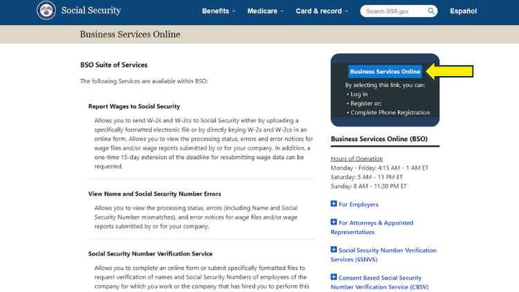 Social security administration website screenshot with yellow arrow pointing to the Business Services Online that allows employers to perform social security number background checks and verification. 