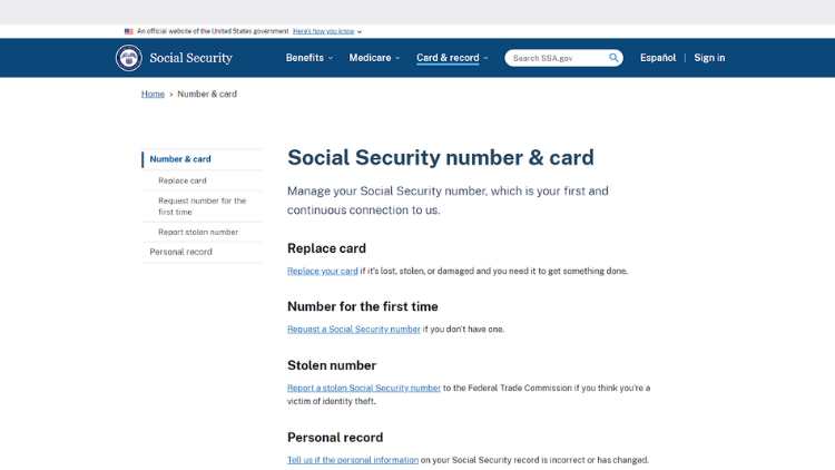 Social security website screenshot of "Social Security number & card" page showing the services that you can do online with social security number.